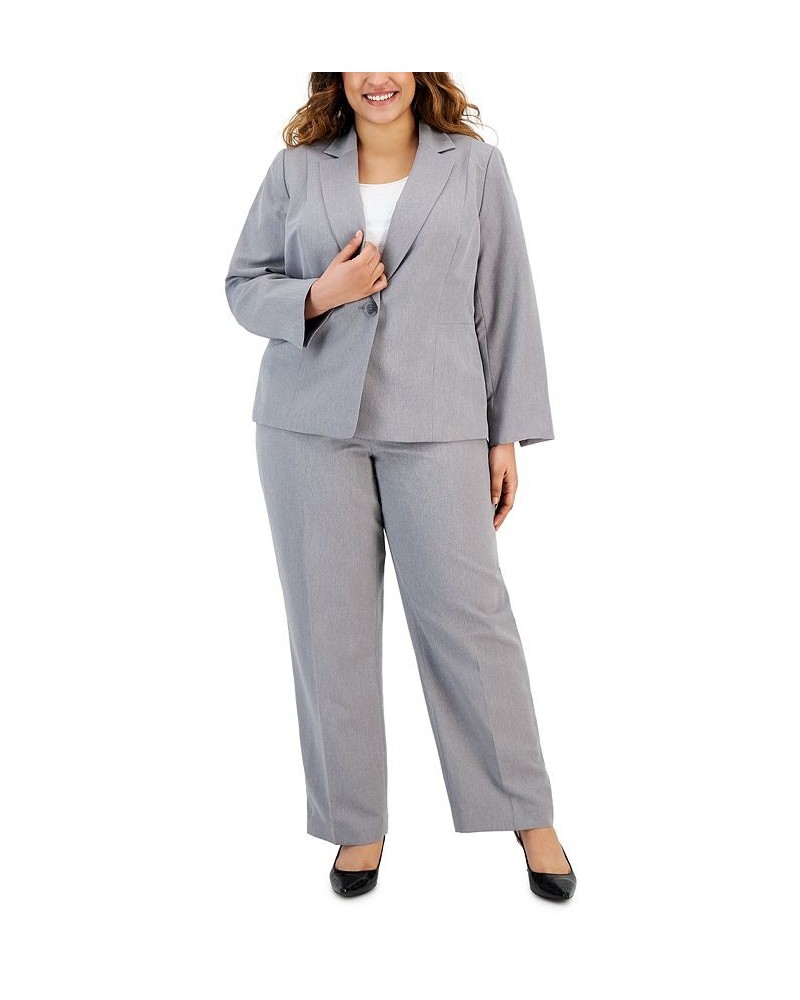 Plus Size Herringbone Single Button Blazer & Straight-Leg Mid-Rise Pantsuit Gray $82.50 Suits