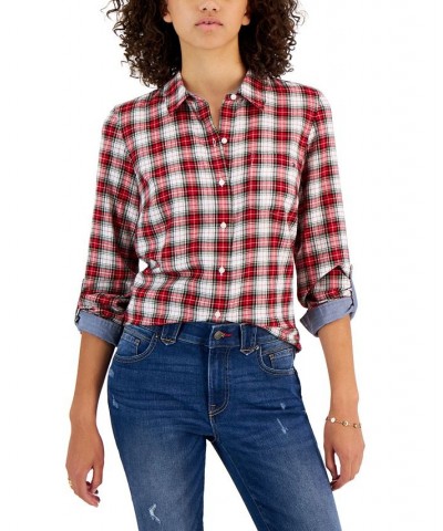 Women's Lancaster Plaid Cotton Roll-Tab Shirt Lancaster Plaid- Scarlet Multi $21.20 Tops