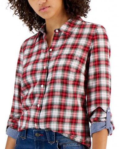 Women's Lancaster Plaid Cotton Roll-Tab Shirt Lancaster Plaid- Scarlet Multi $21.20 Tops