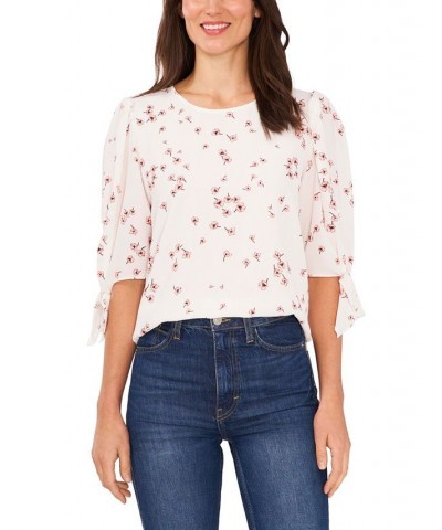 Women's Bow Detail Printed Puff Sleeve Blouse Top White $40.29 Tops