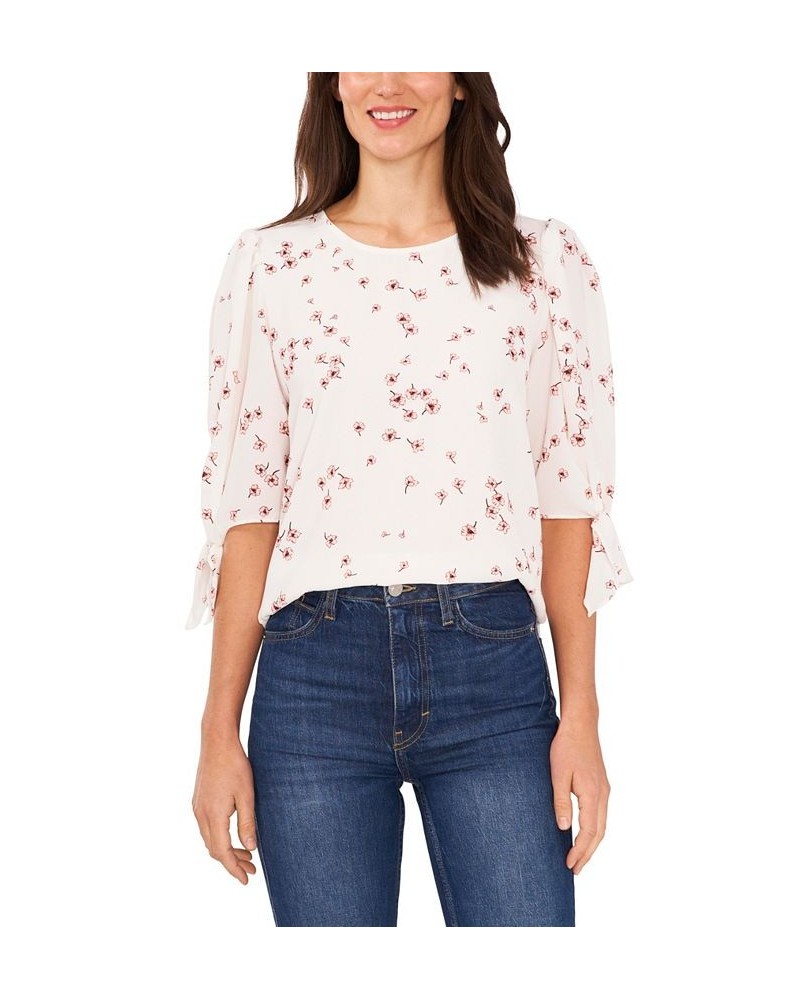 Women's Bow Detail Printed Puff Sleeve Blouse Top White $40.29 Tops