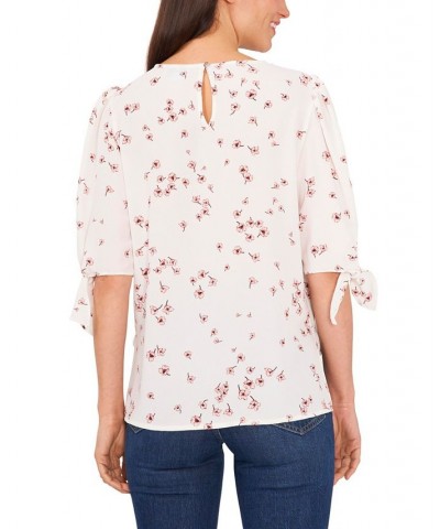 Women's Bow Detail Printed Puff Sleeve Blouse Top White $40.29 Tops