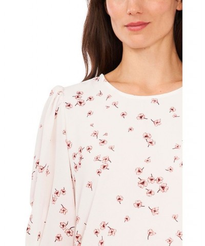 Women's Bow Detail Printed Puff Sleeve Blouse Top White $40.29 Tops