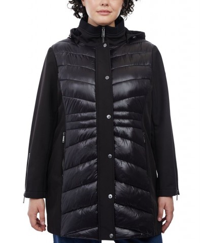 Women's Plus Size Hooded Mixed-Media Raincoat Black $66.50 Coats