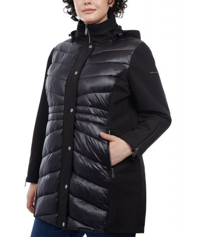 Women's Plus Size Hooded Mixed-Media Raincoat Black $66.50 Coats