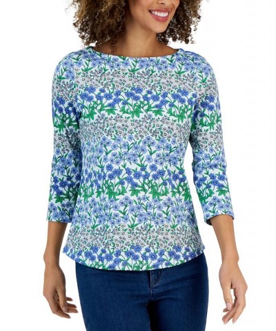 Petite Orderly Floral Boat-Neck Top Blue $13.24 Tops