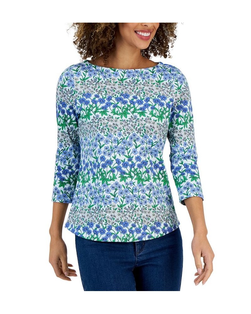 Petite Orderly Floral Boat-Neck Top Blue $13.24 Tops