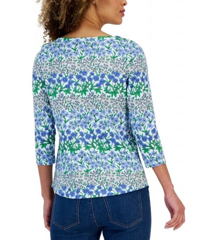 Petite Orderly Floral Boat-Neck Top Blue $13.24 Tops