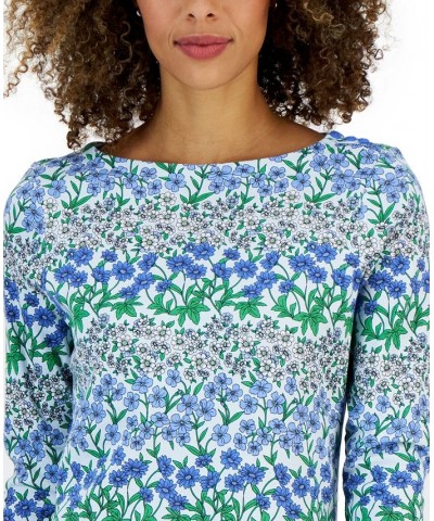 Petite Orderly Floral Boat-Neck Top Blue $13.24 Tops