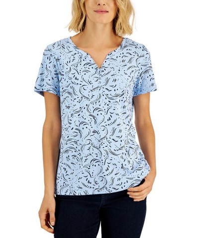 Women's Printed Relaxed Knit Henley Top Blue $10.79 Tops