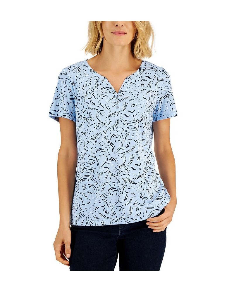 Women's Printed Relaxed Knit Henley Top Blue $10.79 Tops