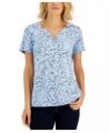 Women's Printed Relaxed Knit Henley Top Blue $10.79 Tops