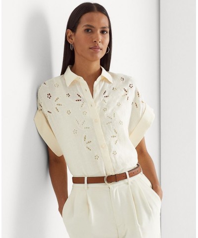 Women's Eyelet-Embroidered Linen Shirt Mascarpone Cream $51.15 Tops