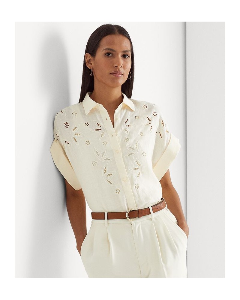 Women's Eyelet-Embroidered Linen Shirt Mascarpone Cream $51.15 Tops