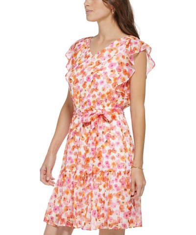 Women's Floral-Print Ruffle-Sleeved Tie-Waist Dress Ivory Multi $65.33 Dresses