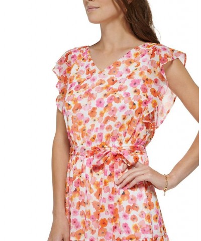 Women's Floral-Print Ruffle-Sleeved Tie-Waist Dress Ivory Multi $65.33 Dresses