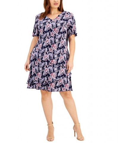 Plus Size Floral-Print Tiered Pleated Sheath Dress Navy/Mauve $22.05 Dresses