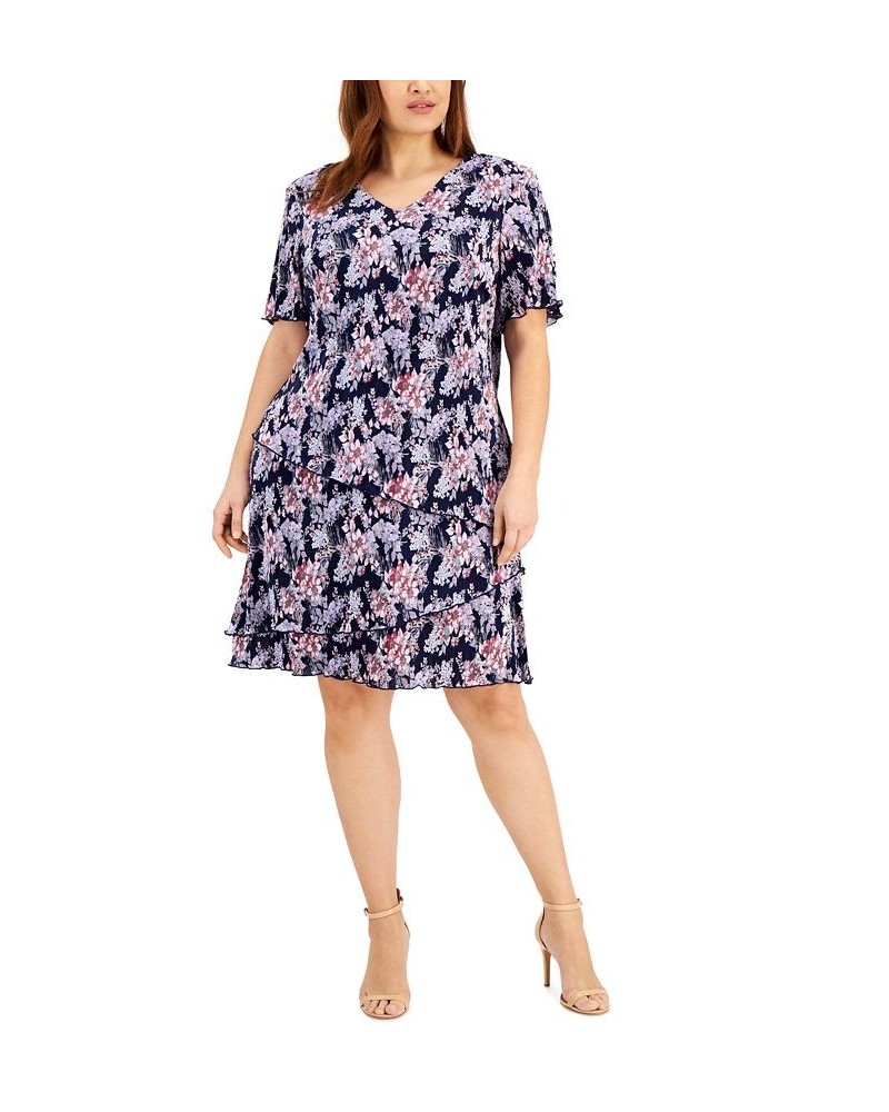 Plus Size Floral-Print Tiered Pleated Sheath Dress Navy/Mauve $22.05 Dresses