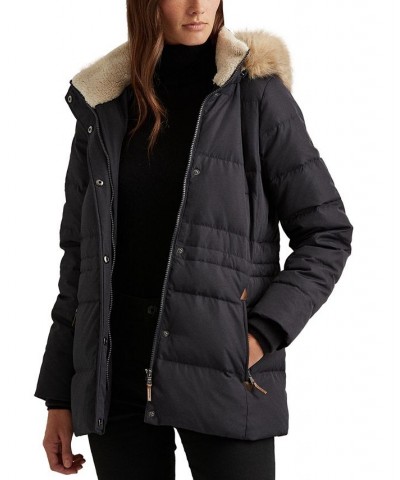 Women's Faux-Fur-Trim Hooded Down Puffer Coat Blue $95.00 Coats