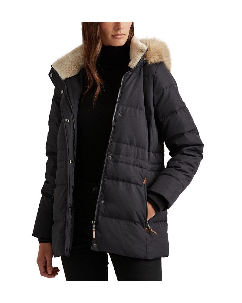 Women's Faux-Fur-Trim Hooded Down Puffer Coat Blue $95.00 Coats