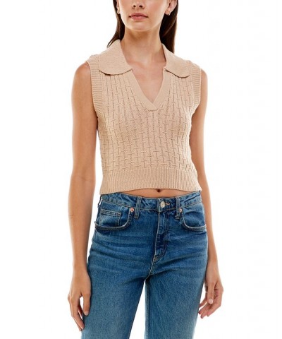 Juniors' Textured Polo-Collar V-neck Sweater Vest Tan/Beige $10.35 Sweaters