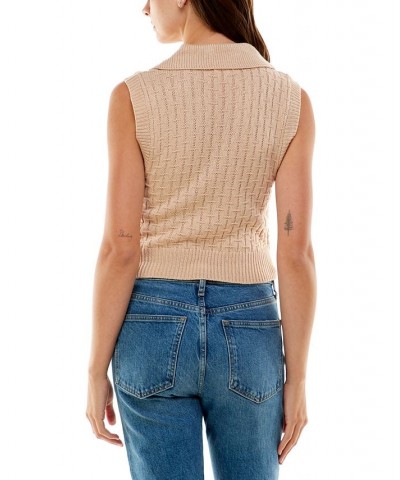 Juniors' Textured Polo-Collar V-neck Sweater Vest Tan/Beige $10.35 Sweaters