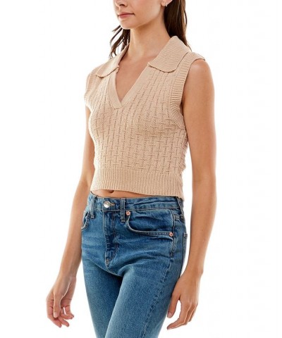 Juniors' Textured Polo-Collar V-neck Sweater Vest Tan/Beige $10.35 Sweaters