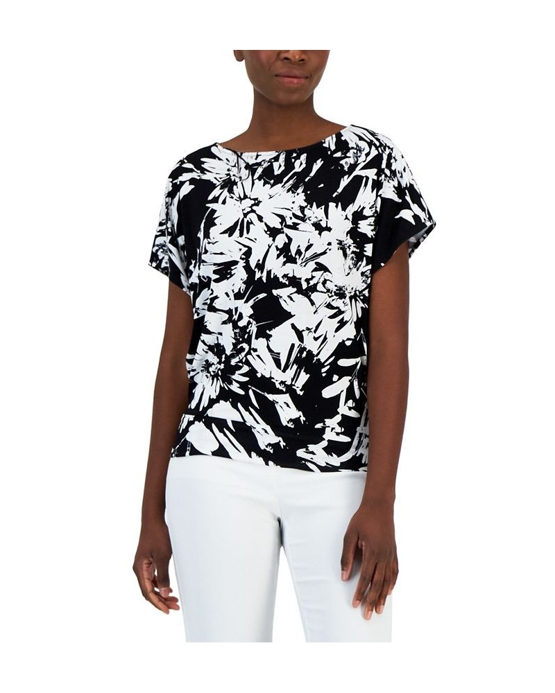 Petite Printed Crewneck Short-Sleeve Top Black $12.88 Tops