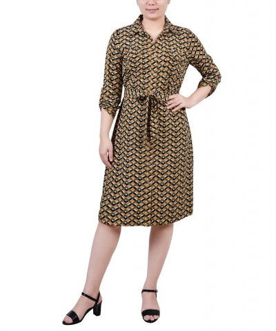 Petite Geometric Printed Long Sleeve Roll Tab Shirtdress Cypress Inca Gold-Tone Navy Zigzag $19.24 Dresses