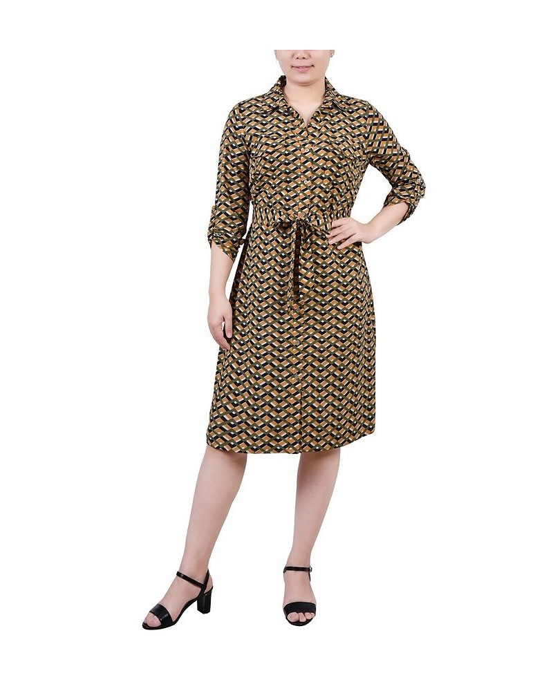 Petite Geometric Printed Long Sleeve Roll Tab Shirtdress Cypress Inca Gold-Tone Navy Zigzag $19.24 Dresses