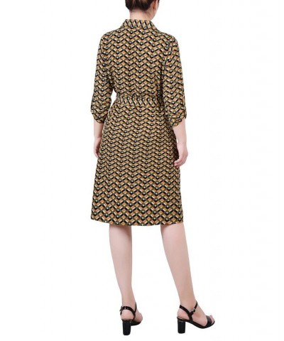 Petite Geometric Printed Long Sleeve Roll Tab Shirtdress Cypress Inca Gold-Tone Navy Zigzag $19.24 Dresses