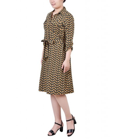 Petite Geometric Printed Long Sleeve Roll Tab Shirtdress Cypress Inca Gold-Tone Navy Zigzag $19.24 Dresses