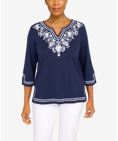 Women's Embroidered Scroll Yoke Top Navy $33.36 Tops