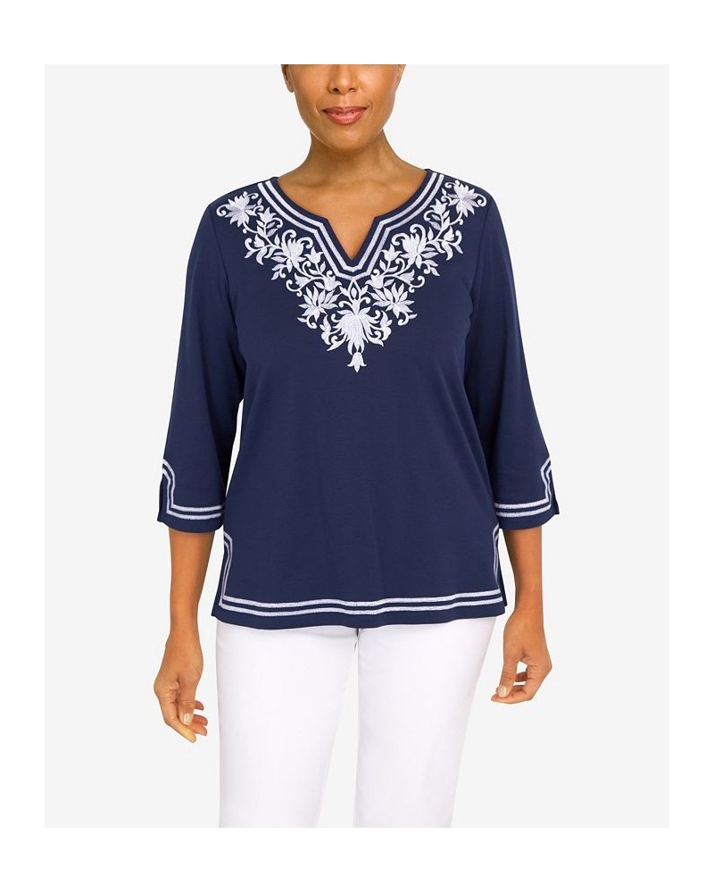 Women's Embroidered Scroll Yoke Top Navy $33.36 Tops