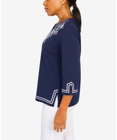 Women's Embroidered Scroll Yoke Top Navy $33.36 Tops