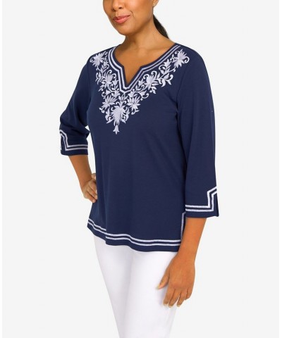 Women's Embroidered Scroll Yoke Top Navy $33.36 Tops