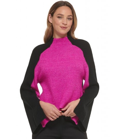 Women's Colorblocked Funnel-Neck Long-Sleeve Sweater Pink $32.33 Sweaters