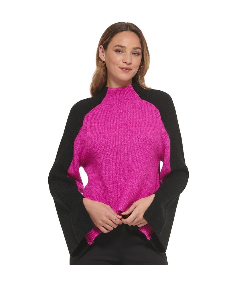 Women's Colorblocked Funnel-Neck Long-Sleeve Sweater Pink $32.33 Sweaters