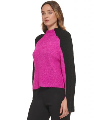 Women's Colorblocked Funnel-Neck Long-Sleeve Sweater Pink $32.33 Sweaters