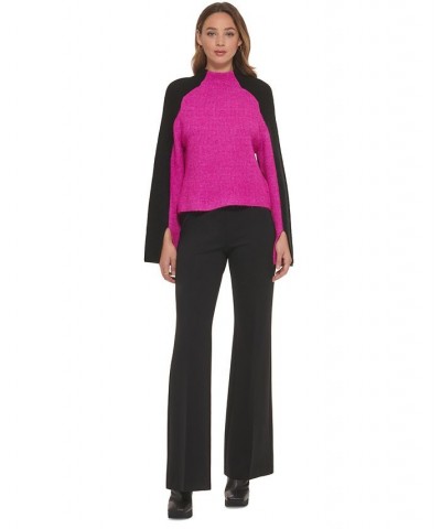 Women's Colorblocked Funnel-Neck Long-Sleeve Sweater Pink $32.33 Sweaters