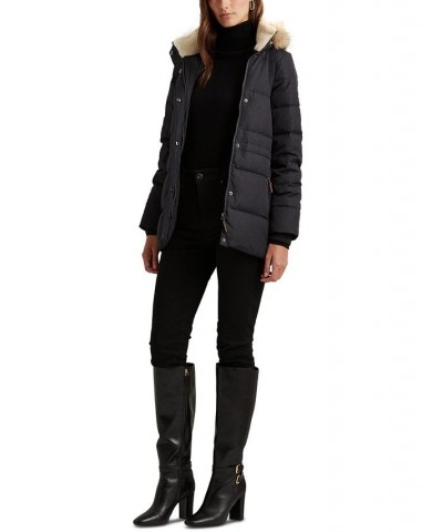 Women's Faux-Fur-Trim Hooded Down Puffer Coat Blue $95.00 Coats