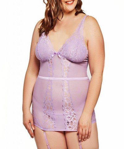 Jeannie Plus Size Elegant Lace Chemise and Panty 2pc Lingerie Set Lilac $27.88 Lingerie