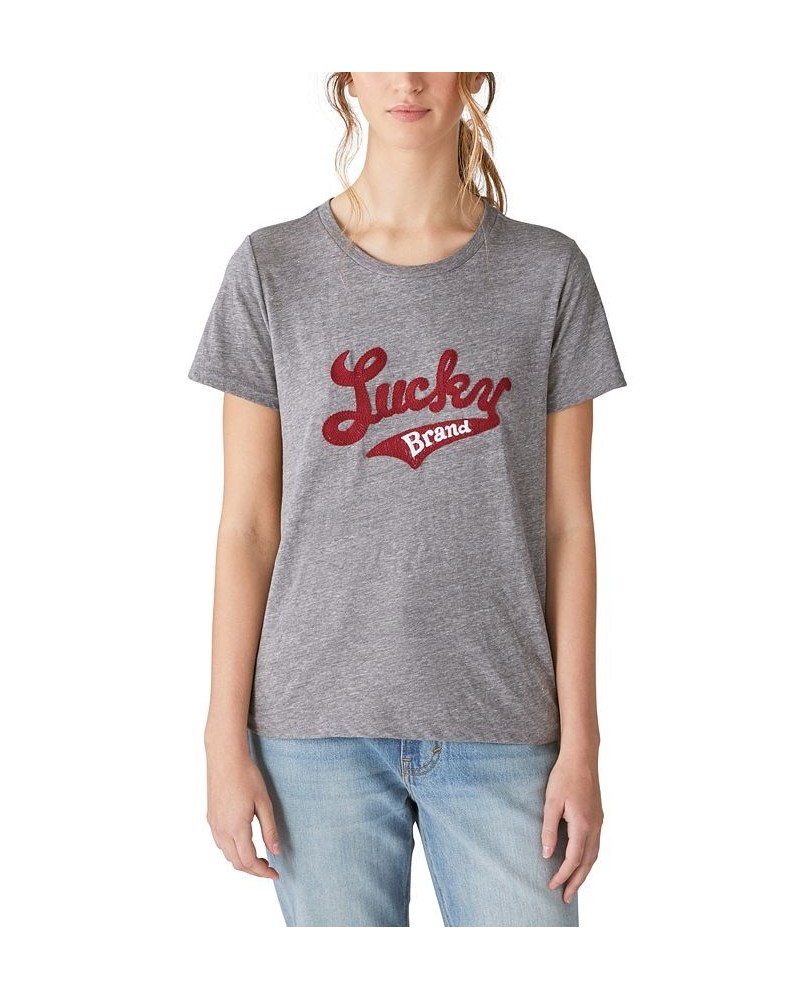 Women's Crewneck Script Logo-Print Tee Heather Grey $25.00 Tops