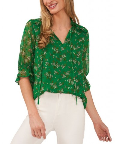 Women's Floral-Print Tie-Neck Clip-Dot Blouse Green $28.86 Tops