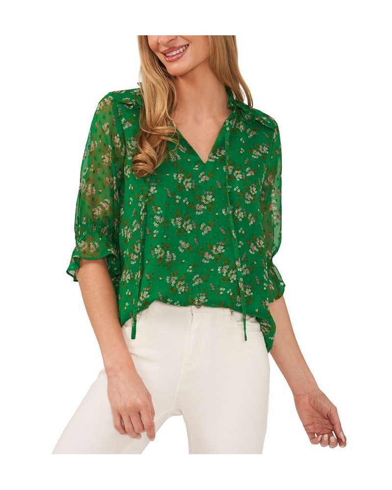 Women's Floral-Print Tie-Neck Clip-Dot Blouse Green $28.86 Tops