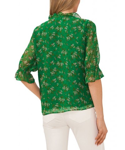 Women's Floral-Print Tie-Neck Clip-Dot Blouse Green $28.86 Tops