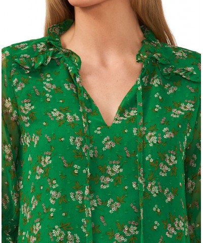 Women's Floral-Print Tie-Neck Clip-Dot Blouse Green $28.86 Tops