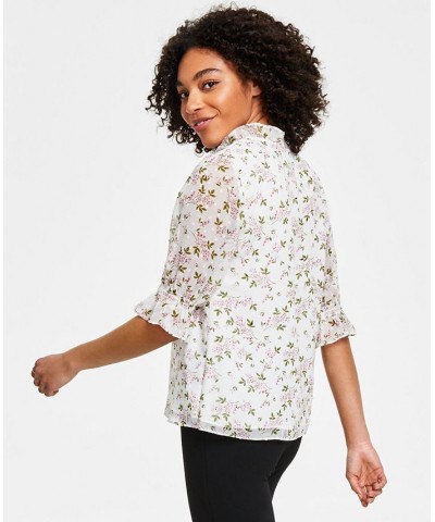 Women's Floral-Print Tie-Neck Clip-Dot Blouse Green $28.86 Tops