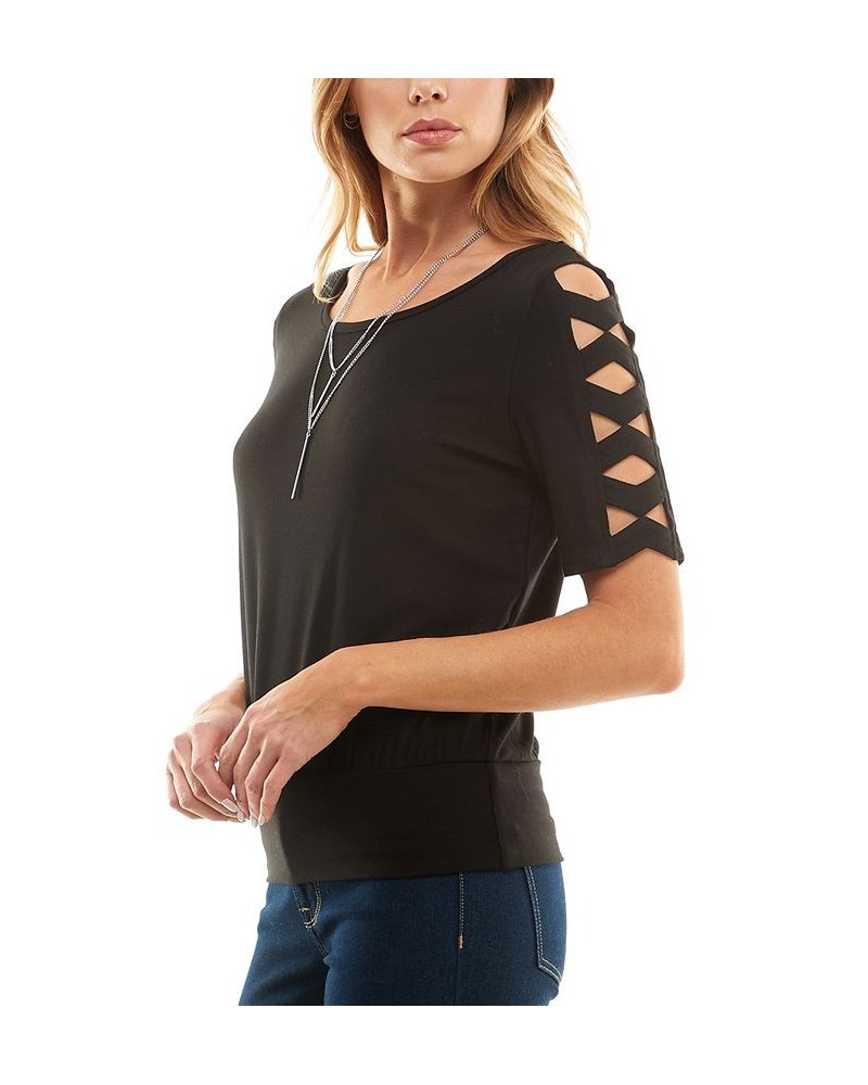 Juniors' Round-Neck Lattice-Elbow-Sleeve Knit Top Black $16.52 Tops