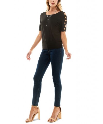 Juniors' Round-Neck Lattice-Elbow-Sleeve Knit Top Black $16.52 Tops